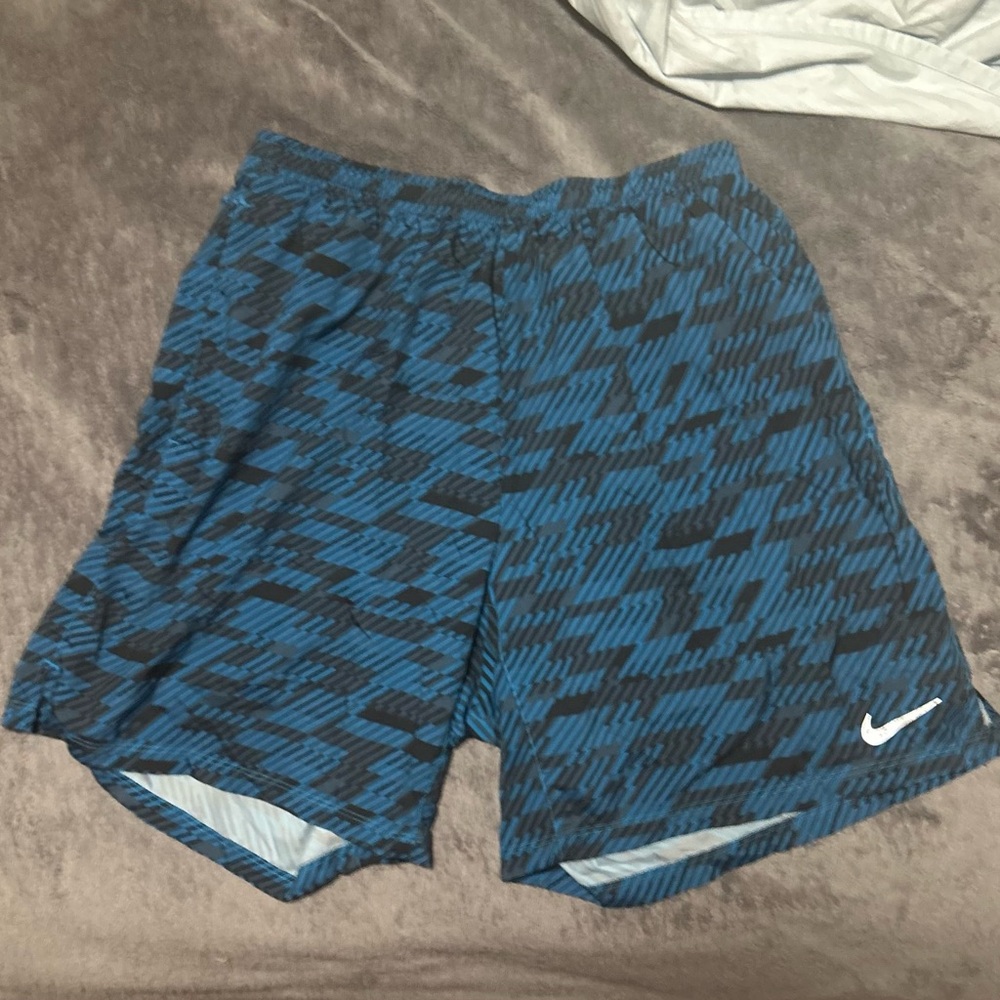Nike Blue and Black Athletic Shorts with Geometric Pattern